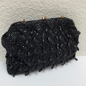 Black beaded crystal wristlet or clutch evening bag
